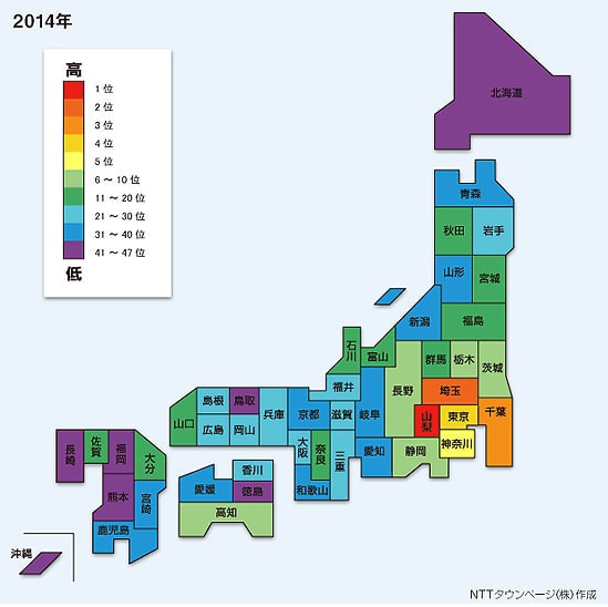 人口10万人当たりの「ファミリーレストラン」登録件数による偏差値の都道府県ランキング