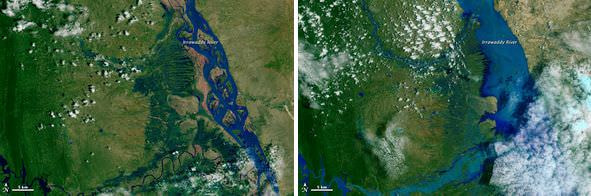 2013年8月29日（左）と2015年8月3日（右）のイラワジ川下流の衛星画像