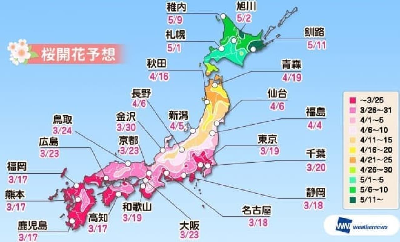 ウェザーニューズが2018年「第五回桜開花予想」を発表