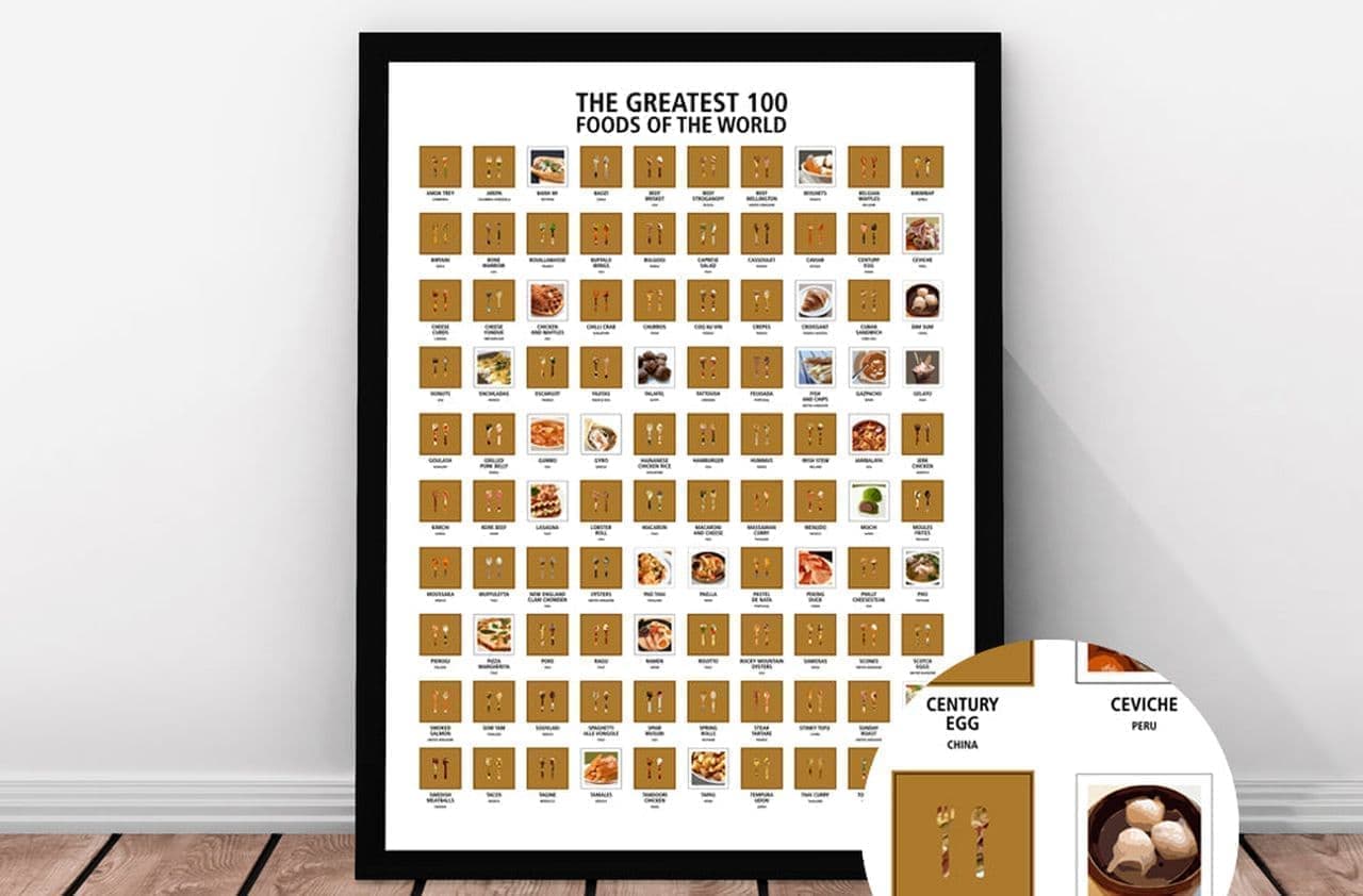 おいしい食べ物で全世界制覇！　食べたメニューをスクラッチしていく「The Greatest 100 Foods of the World Scratch Off Travel Print」
