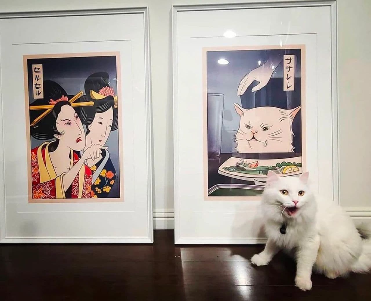 浮世絵ミーム！ ネコと女性が女性がネコをしかりつける浮世絵スタイルの絵画販売中 ちょっと変わった壁飾り絵が欲しい人に