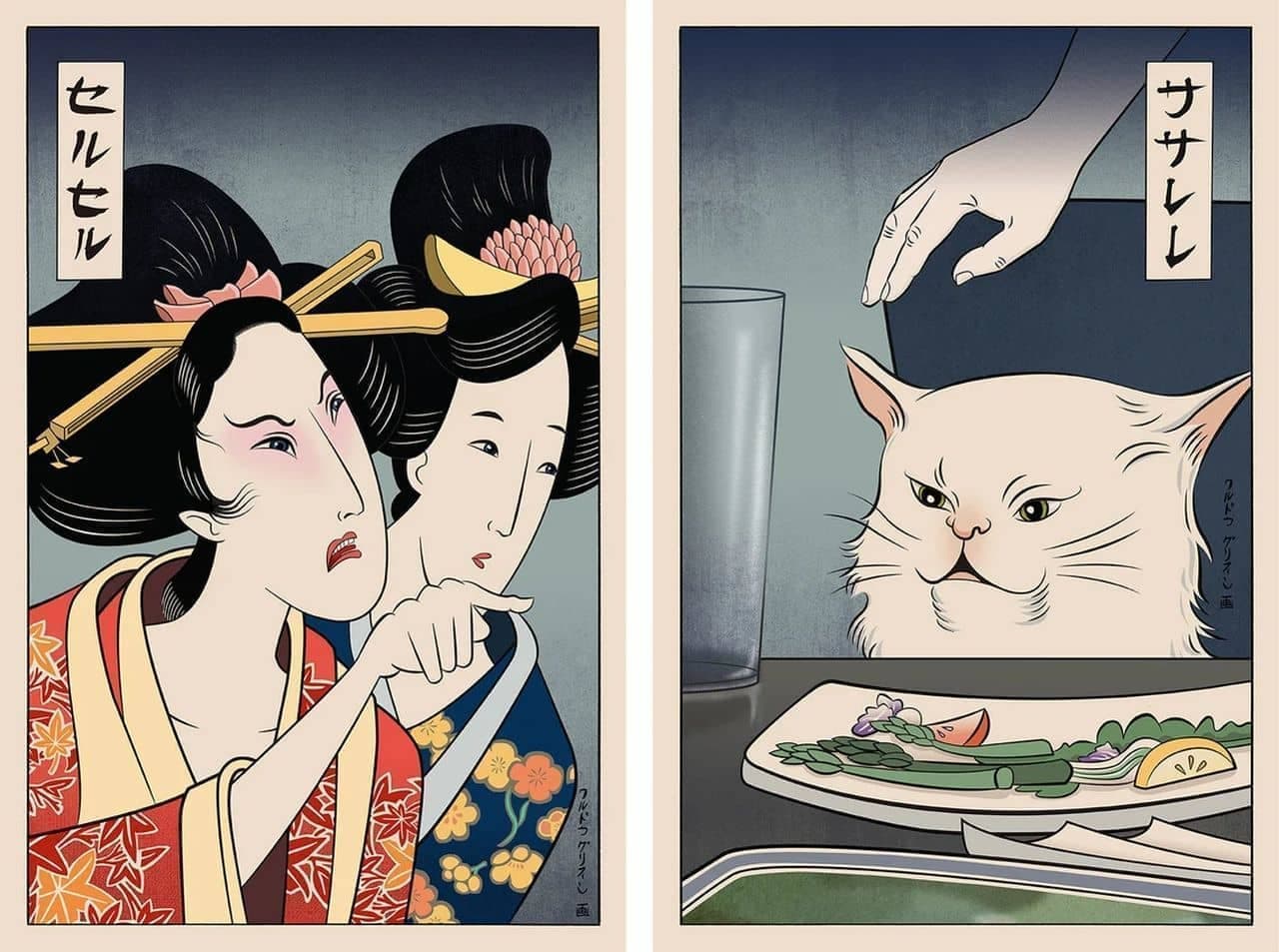 浮世絵ミーム！ ネコと女性が女性がネコをしかりつける浮世絵スタイルの絵画販売中 ちょっと変わった壁飾り絵が欲しい人に